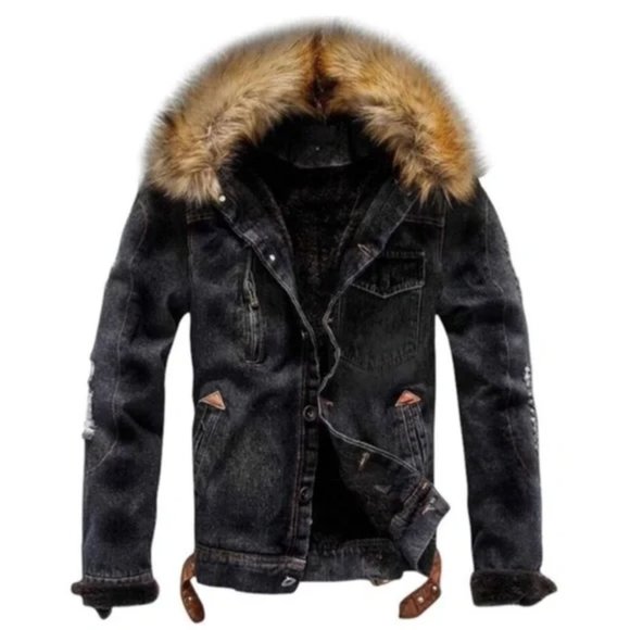 New Faux Fur Collar Sherpa Fleece Distressed Jacket